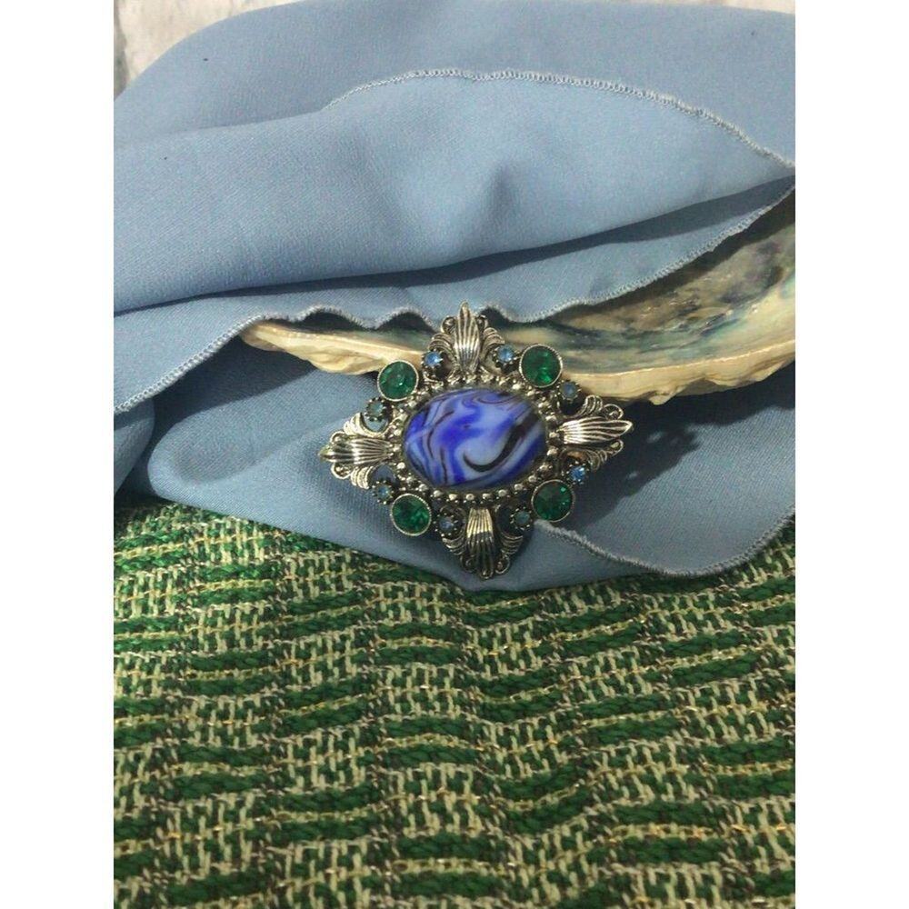 Vintage Mid Century Brooch Pin Blues, Green & Silver
